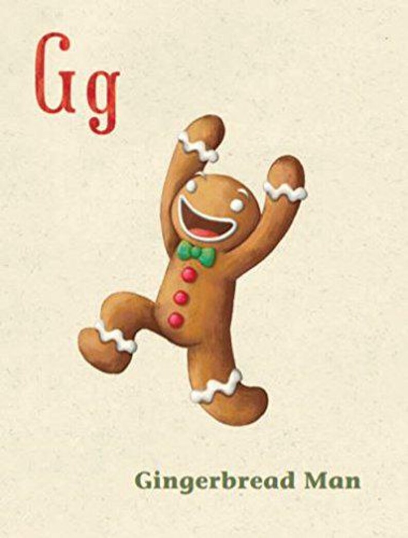 May include: A gingerbread man with a green bow tie and red buttons is jumping in the air. The letter "G" is written above him, and the text "Gingerbread Man" is written below him.