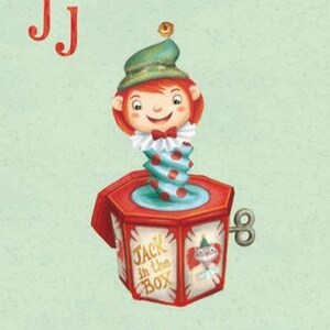 May include: A colorful illustration of a jack-in-the-box with the letter J and the words "Jack in the Box" on the box. The jack is a clown with a red nose, green hat, and a red, white, and blue striped shirt.