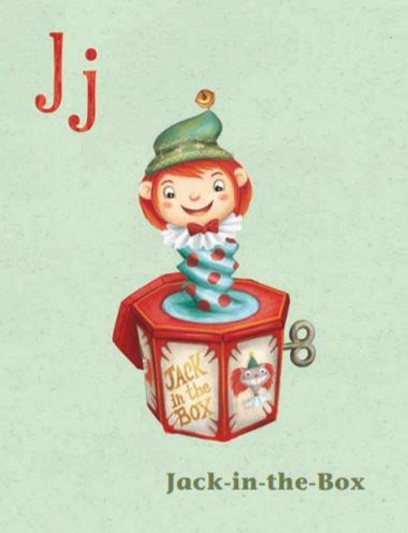 May include: A colorful illustration of a jack-in-the-box with the letter J and the words "Jack in the Box" on the box. The jack is a clown with a red nose, green hat, and a red, white, and blue striped shirt.