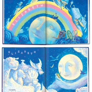 May include: A children's book with a blue cover and a rainbow arching over a moon with a face. The text on the cover reads "Cow comes a-jumping high over the moon." and "Cat plays his fiddle with friends. Dish and Spoon."
