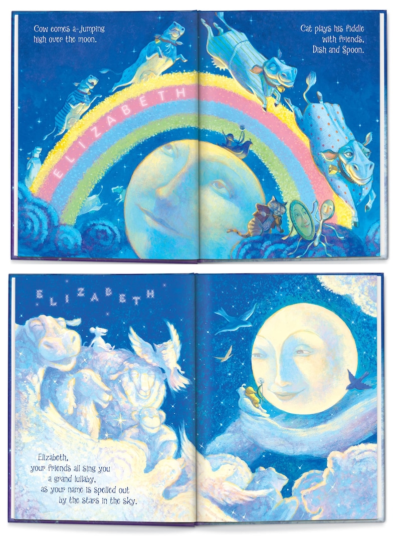 May include: A children's book with a blue cover and a rainbow arching over a moon with a face. The text on the cover reads "Cow comes a-jumping high over the moon." and "Cat plays his fiddle with friends. Dish and Spoon."