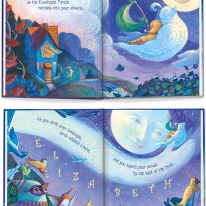 May include: A children's book illustration with a blue and purple night sky. The moon is a smiling face with a white cloud around it. A small figure is flying on the cloud. The text reads "Sail away, Sweet Elizabeth, on silver moonbeams, as the Goodnight Parade marches into your dreams. As you drift over treetops, birds whistle a tune. And you watch your parade by the light of the moon.  E L I Z A B E T H"