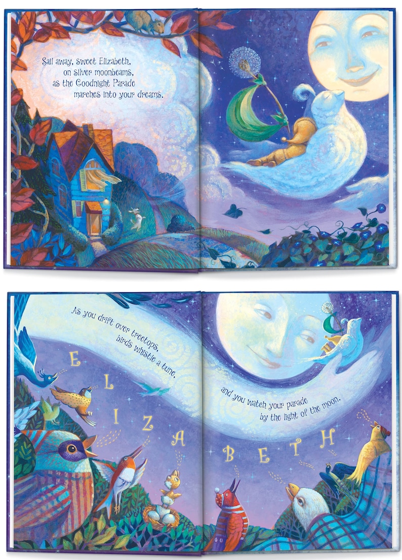 May include: A children's book illustration with a blue and purple night sky. The moon is a smiling face with a white cloud around it. A small figure is flying on the cloud. The text reads "Sail away, Sweet Elizabeth, on silver moonbeams, as the Goodnight Parade marches into your dreams. As you drift over treetops, birds whistle a tune. And you watch your parade by the light of the moon.  E L I Z A B E T H"