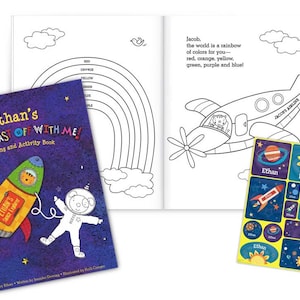 May include: A personalized coloring and activity book with a blue cover featuring a rocket ship and an astronaut. The title of the book is "Ethan's 1-2-3 Blast Off With Me!" and the book includes stickers with a space theme.