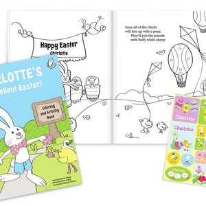 May include: A coloring and activity book for children featuring a bunny rabbit, chicks, and an Easter egg. The book cover is blue with the title "CHARLOTTE'S Egg-Cellent Easter!" and the text "Coloring and Activity Book".