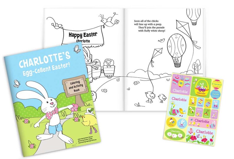 May include: A coloring and activity book for children featuring a bunny rabbit, chicks, and an Easter egg. The book cover is blue with the title "CHARLOTTE'S Egg-Cellent Easter!" and the text "Coloring and Activity Book".