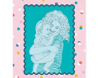Baby and Mom Personalized Hand-Drawn Portrait – Color Block Art Style | 8 x 10 | 11 x 14 | 16 x 20 | I See Me!