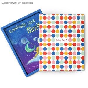 May include: A blue hardcover book with the title "Goodnight Little Nicole" and a colorful illustration of a child on a cloud. The book is in a gift box with a white background and a polka dot pattern in red, yellow, blue, pink, and green. The text "i See Me!" is printed on the box.