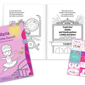 May include: A pink and purple coloring book with a ballerina on the cover. The title of the book is "Maria is a Little Dancer!" and it says "Coloring and Activity Book".