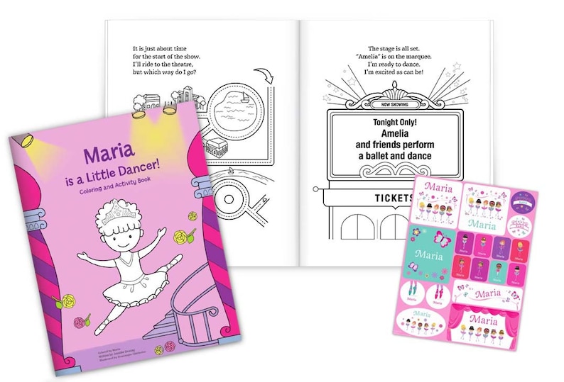 May include: A pink and purple coloring book with a ballerina on the cover. The title of the book is "Maria is a Little Dancer!" and it says "Coloring and Activity Book".