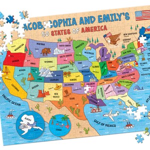 May include: A colorful illustrated map of the United States with each state labeled. The map is titled "Jacob, Sophia and Emily's 50 States of America".