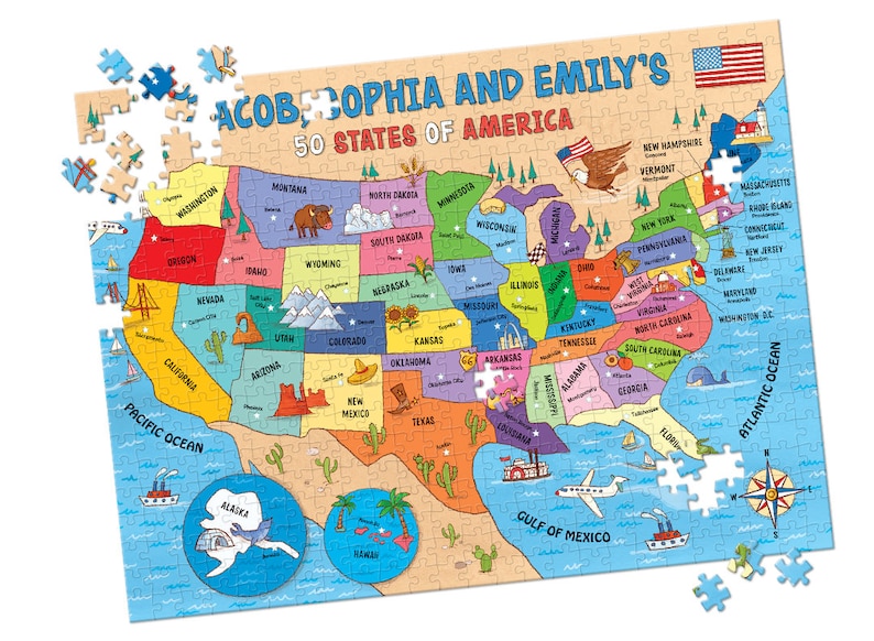 May include: A colorful illustrated map of the United States with each state labeled. The map is titled "Jacob, Sophia and Emily's 50 States of America".