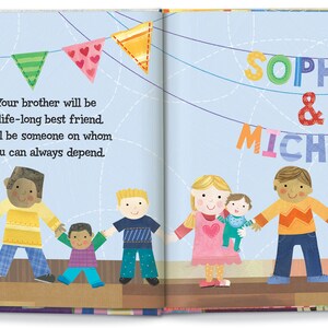 May include: A colorful illustration of a group of children holding hands, with a banner that reads "Sophia & Michael". The banner is decorated with colorful letters and birds. The illustration is set against a blue sky with white clouds.