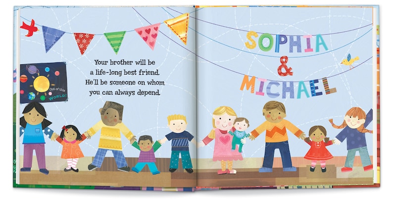 May include: A colorful illustration of a group of children holding hands, with a banner that reads "Sophia & Michael". The banner is decorated with colorful letters and birds. The illustration is set against a blue sky with white clouds.