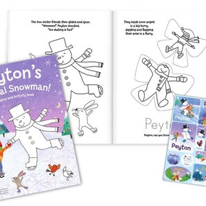 May include: A purple and white coloring book with the title "Peyton's Magical Snowman!"  The cover features a snowman ice skating with a child. The book includes stickers with a snowman and the name "Peyton".