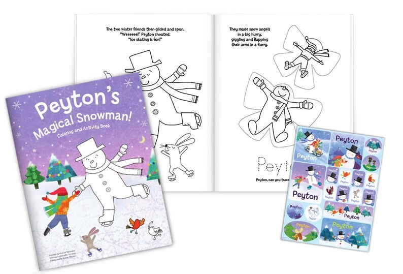 May include: A purple and white coloring book with the title "Peyton's Magical Snowman!"  The cover features a snowman ice skating with a child. The book includes stickers with a snowman and the name "Peyton".