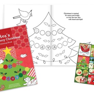 May include: A red, green, and white coloring book with the title "Ava's Very Merry Christmas Coloring Book". The cover features a Christmas tree with ornaments and a cat sitting on a branch. The book includes stickers with a Christmas theme.
