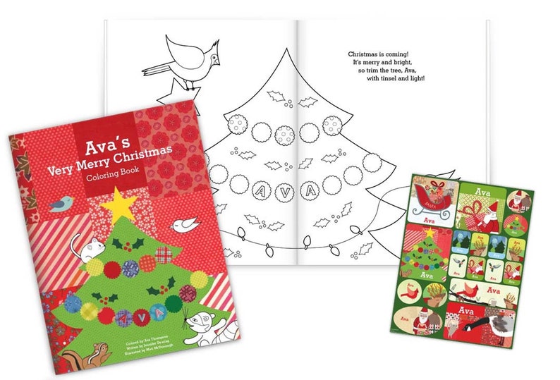 May include: A red, green, and white coloring book with the title "Ava's Very Merry Christmas Coloring Book". The cover features a Christmas tree with ornaments and a cat sitting on a branch. The book includes stickers with a Christmas theme.