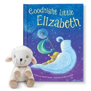 May include: A white plush lamb toy next to a blue and purple book titled "Goodnight Little Elizabeth". The book features a whimsical illustration of a sleeping child on a cloud with a dandelion.