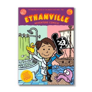 May include: Ethanville Adventure Comics! No. 1 comic book cover. The cover features a cartoon illustration of a boy in a bathrobe holding a rubber duck and a pirate hat. The background is split into two scenes: a bathroom and a pirate ship.