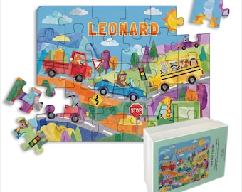 Personalized Puzzle for Kids | Name Puzzle | 30 Piece Jigsaw Puzzle, 14" x 11" (Horizontal/Landscape) | Customized Puzzle | Cars & Trucks