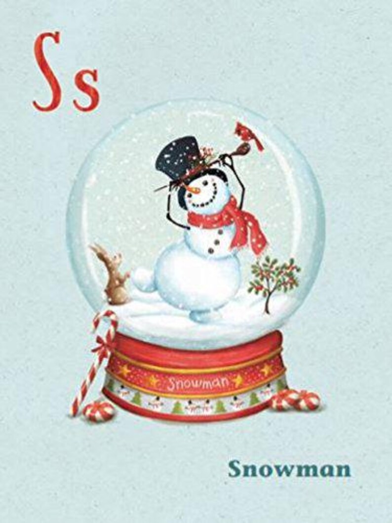 May include: A snow globe with a snowman inside, wearing a black top hat and a red scarf. The snowman is holding a red cardinal in its hand. The snow globe is on a red and white base with the word "Snowman" written on it. There is a candy cane on the left side of the snow globe.