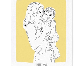 Baby and Mom Personalized Hand-Drawn Portrait – Black Line Art Style | 8 x 10 | 11 x 14 | 16 x 20 | I See Me!