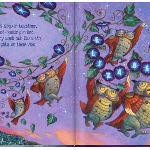May include: A whimsical illustration of owls flying in a line, spelling out the name "Elizabeth" with glowing blue flowers. The owls are perched on a vine with green leaves and purple flowers. The background is a purple sky with stars.