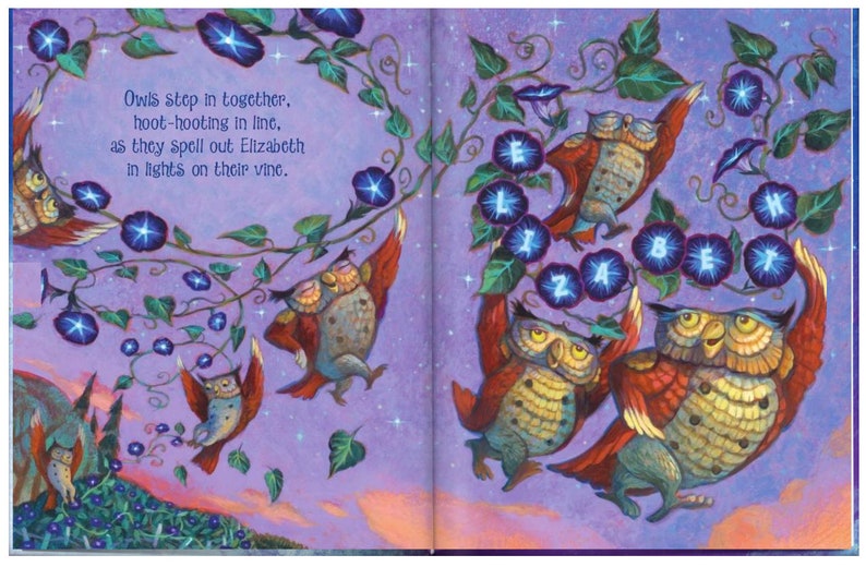 May include: A whimsical illustration of owls flying in a line, spelling out the name "Elizabeth" with glowing blue flowers. The owls are perched on a vine with green leaves and purple flowers. The background is a purple sky with stars.