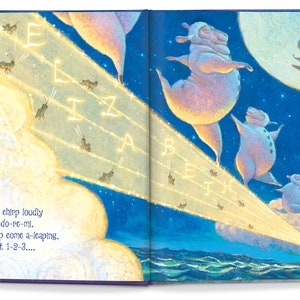 May include: A children's book illustration with a blue night sky, a full moon, and a lighthouse shining a beam of light across the water.  The text reads "Crickets chirp loudly and sing do-re-mi. The sheep come a-leaping. You count 1-2-3..."  Five sheep are leaping across the beam of light, with the letters "ELIZABETH" written in the light.