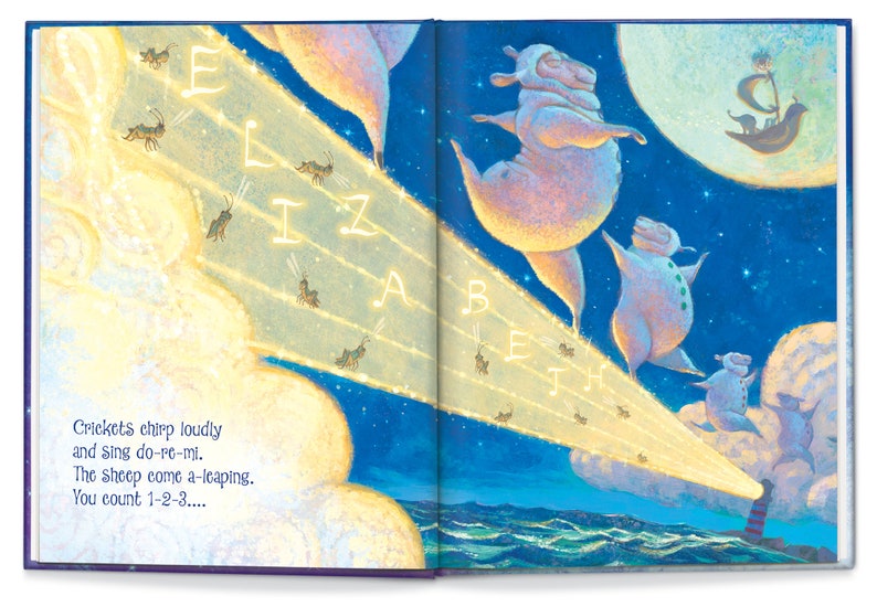 May include: A children's book illustration with a blue night sky, a full moon, and a lighthouse shining a beam of light across the water.  The text reads "Crickets chirp loudly and sing do-re-mi. The sheep come a-leaping. You count 1-2-3..."  Five sheep are leaping across the beam of light, with the letters "ELIZABETH" written in the light.