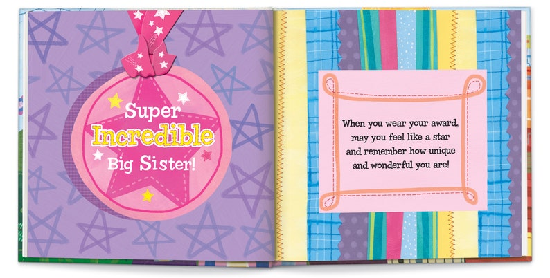 May include: A pink and yellow star-shaped award with the text "Super Incredible Big Sister!" on a purple background with pink stars.