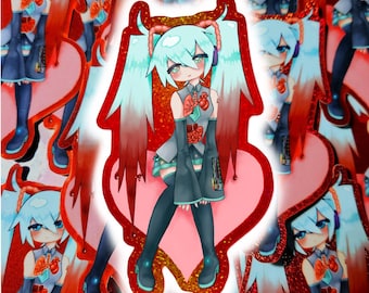 May include: A sticker featuring a cartoon anime character with blue hair and a red heart. The character is wearing a grey and blue outfit with a red bow tie. The sticker has a glittery red background.