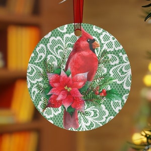 Cardinal Ornament, Poinsettia Lace-Look Ornament, Christmas Ornament, Bird Ornament, Holiday Ornament, Metal Ornament
