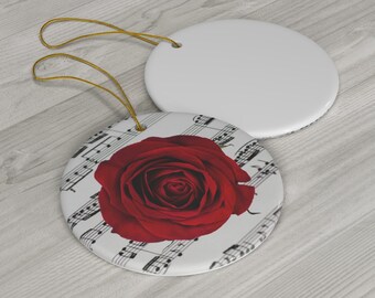 Red Rose Sheet Music Lover Gift for Her Ceramic Christmas Holiday Ornaments