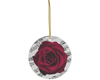 Christmas Holiday Red Rose Sheet Music Lover Gift for Her Ceramic Ornaments