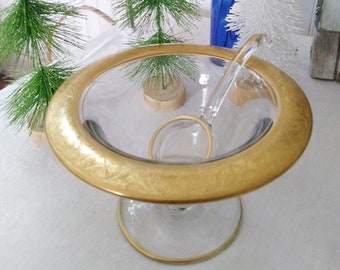 Vintage Glass Footed Compote Mayonnaise Bowl with Glass Ladle -Decorative Gold Trim