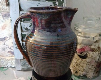 Vintage Pottery Pitcher Wheel Thrown Studio Art Pottery Beverage Pitcher Handmade Stoneware