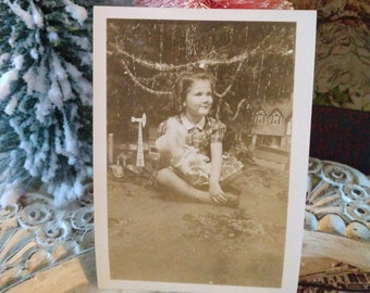 1940 Vintage Sepia Christmas Photo Little Girl & Baby Doll in Front of Tree Real Photo