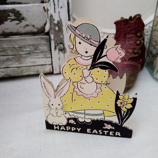 Norcross Vintage Art Deco "Happy Easter" Greeting Card, Little Girl Spring Flowers Bunny Rabbit, Unused