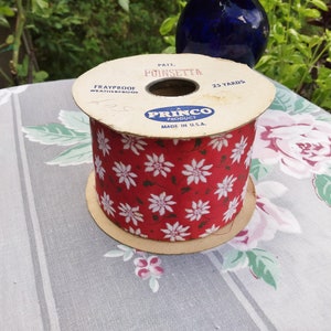 Vintage Princo Satin Christmas Ribbon - Flocked Poinsettias - 23 Yards - USA