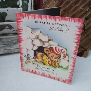 Vintage 1940&#39;s Forget Me Not Get Well Greeting Card, &quot;Hurry An&#39; Get Well, Wontcha?&quot; Cute Bear in Cave Unused
