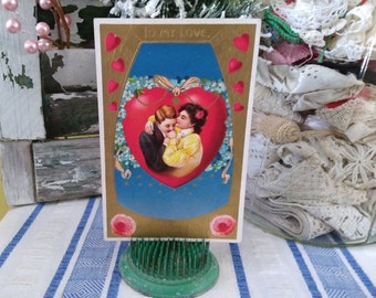Antique Valentine Postcard - Couple Inside Red Heart - Flowers - Germany