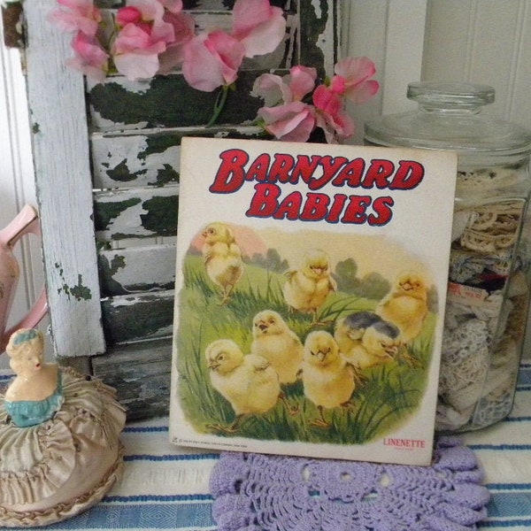 Vintage 1928 Linenette Barnyard Babies Children's Book - Baby Chicks - Goslings - Collectible Linen Book