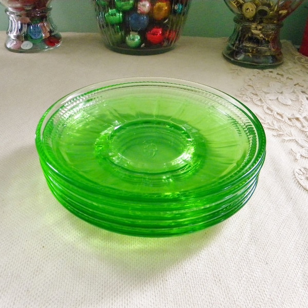 Vintage Federal Glass Colonial Fluted Rope Saucers-Green Depression Glass Set of 5-Collectible Glassware