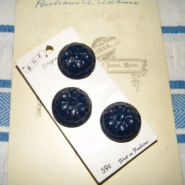 Vintage Button Card - B.G.E. Original Fancy Floral Rhinestone Shank Buttons - 1" Buttons - Vintage Sewing - circa 1950's