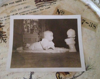 1940s Vintage Black & White Photo Baby with Large Kewpie Doll