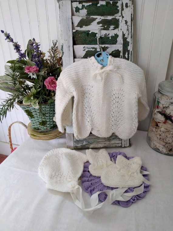 Vintage Hand Knit White Baby Sweater Bonnet & Boot