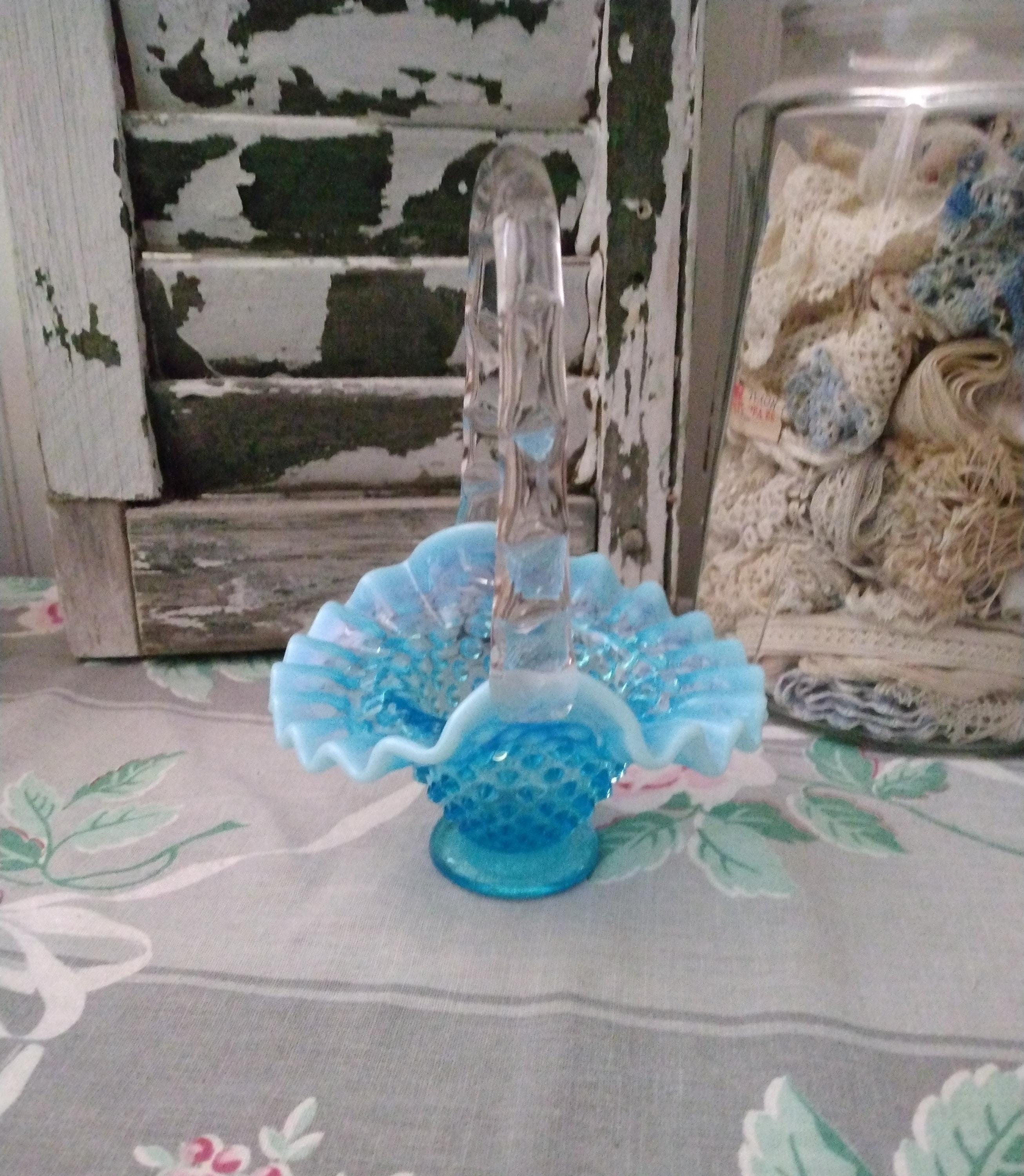 Fenton Blue Opalescent Hobnail Basket - Etsy