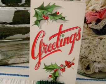 Vintage Christmas Card - "Greetings" - Holly - Unused circa 1950's